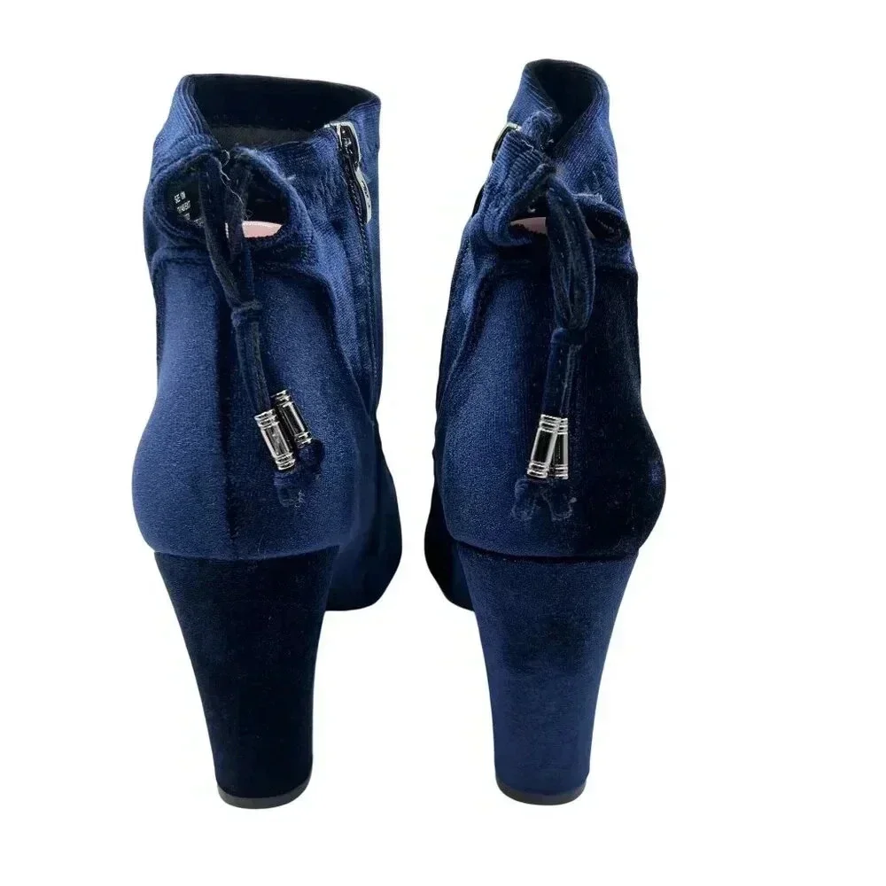 NEW Blue Velvet Ankle Booties Women 10M Zip Closure Block Heel Boots Elvis Shoes